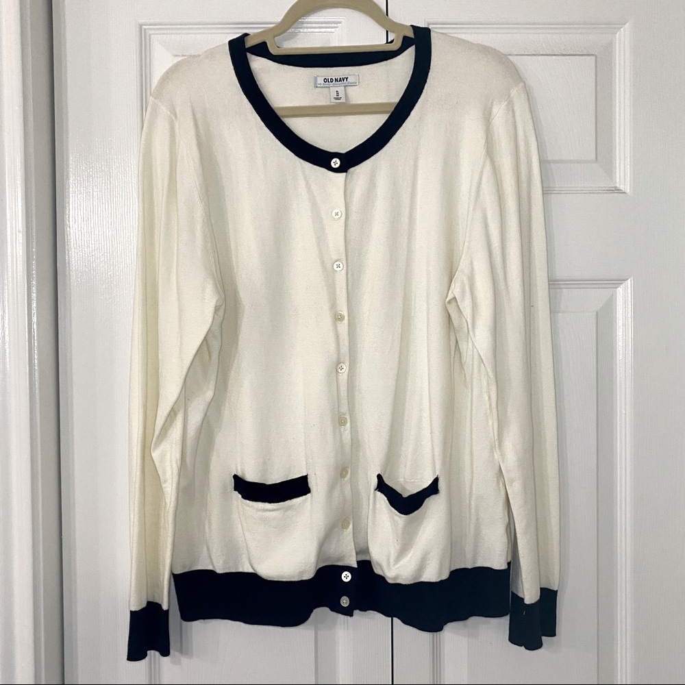 Old Navy Cardigan, White/Cream with Black Trim, XL